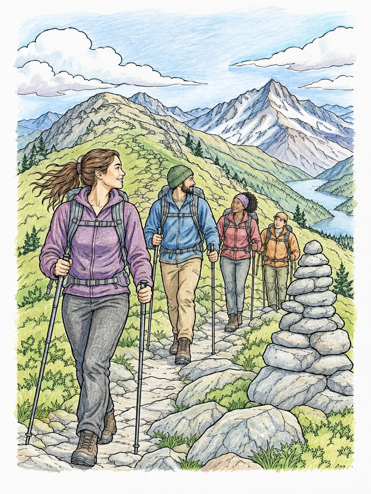 Colored example of the Hikers On A Mountain Ridge Trail coloring page