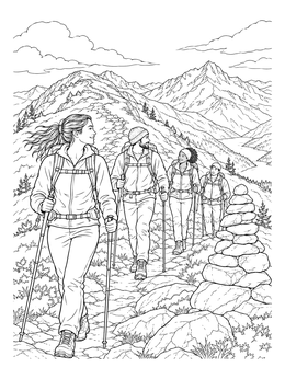 A group of hikers walking along a ridge path beside a cairn in this mountain coloring page.