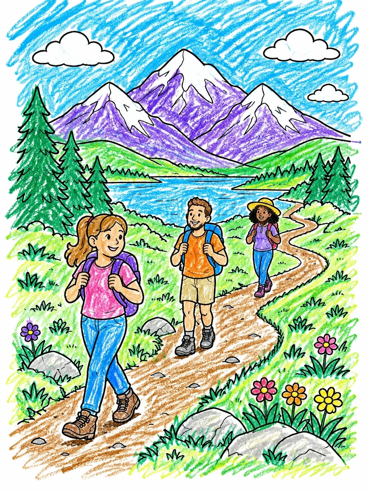 Colored example of the Hikers On A Mountain Trail coloring page