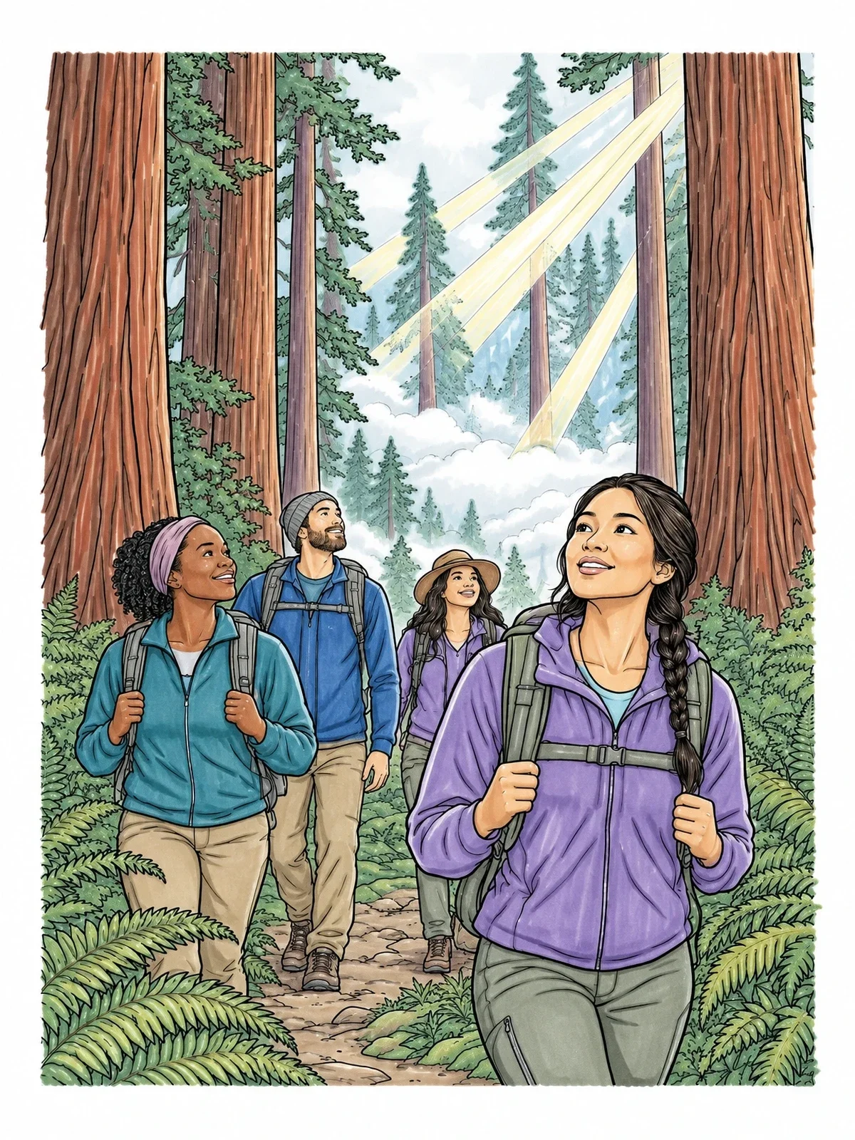 Colored example of the Hikers Under Redwood Forest Sunbeams coloring page