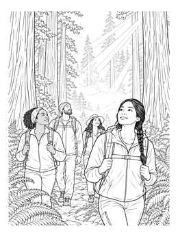 Hikers walking through towering redwoods in this sunbeam coloring page.