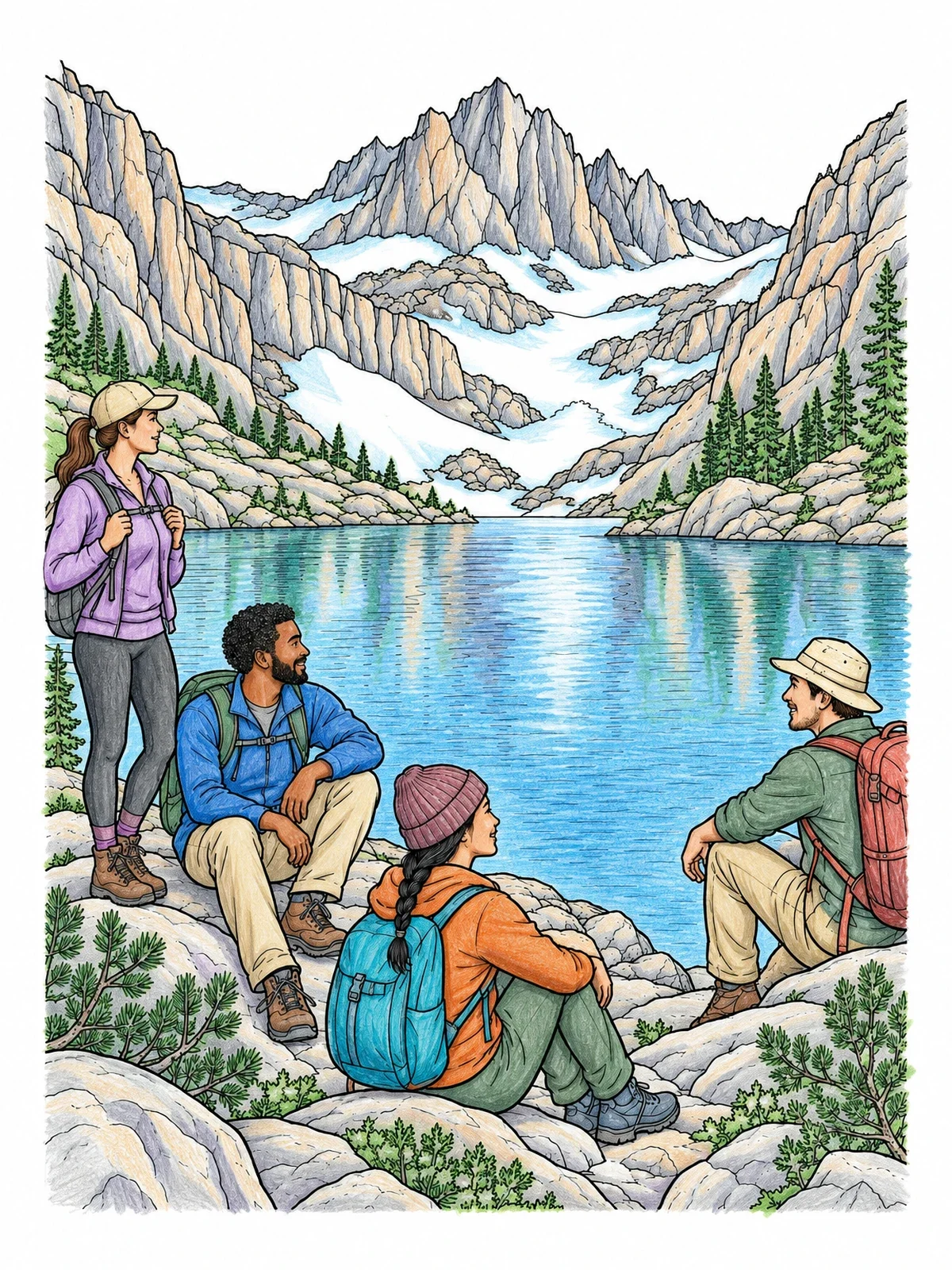 Colored example of the Hikers Resting By Alpine Lake coloring page