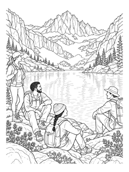 Free printable Hikers Resting By Alpine Lake coloring page