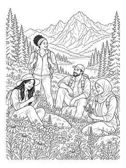 Free printable Hikers Resting In Mountain Meadow coloring page