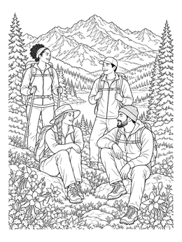 A group of hikers rests in a mountain meadow on this colorado coloring page.