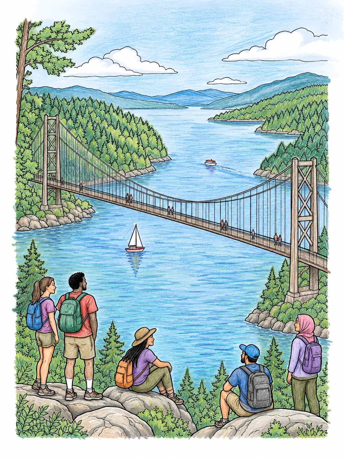 Colored example of the Hikers Overlooking Suspension Bridge And Lake coloring page