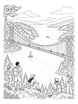 Free printable Hikers Overlooking Suspension Bridge And Lake coloring page