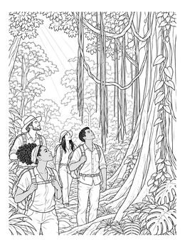 A group of explorers looks up at giant trees in this rainforest coloring page.