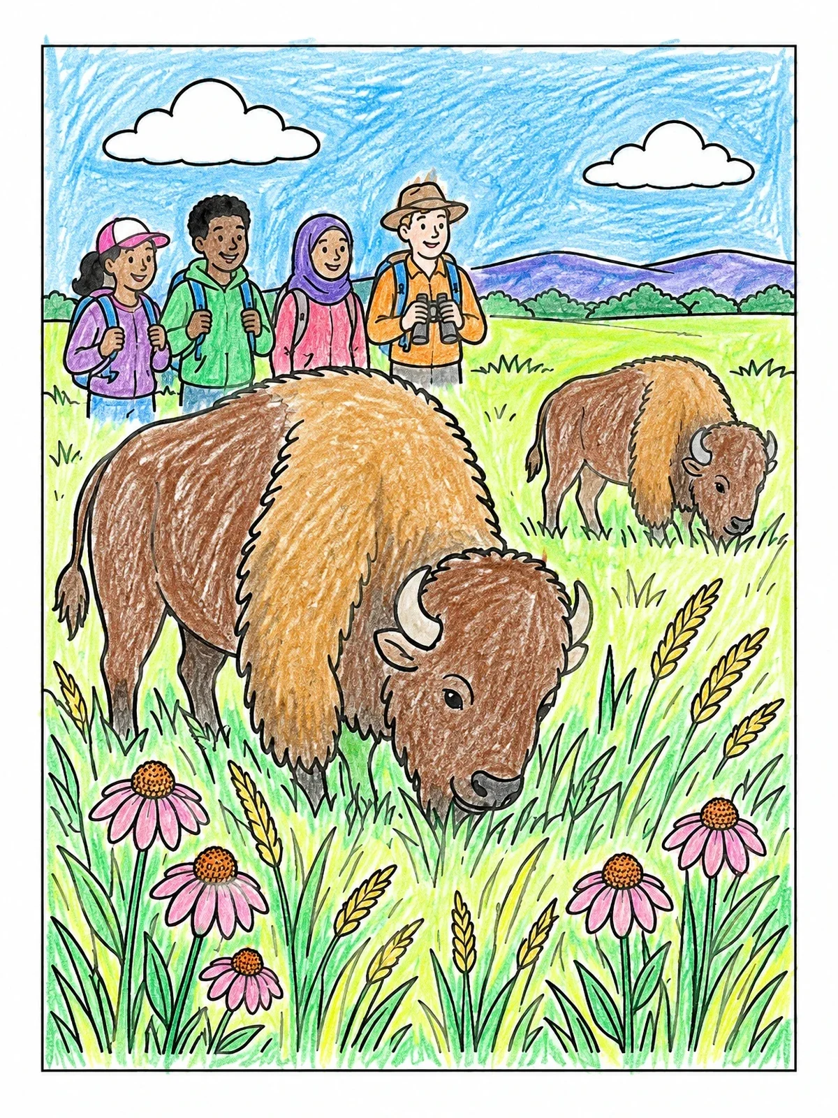 Colored example of the Hikers Watching Bison In Grassland coloring page