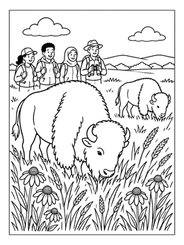 Free printable Hikers Watching Bison In Grassland coloring page