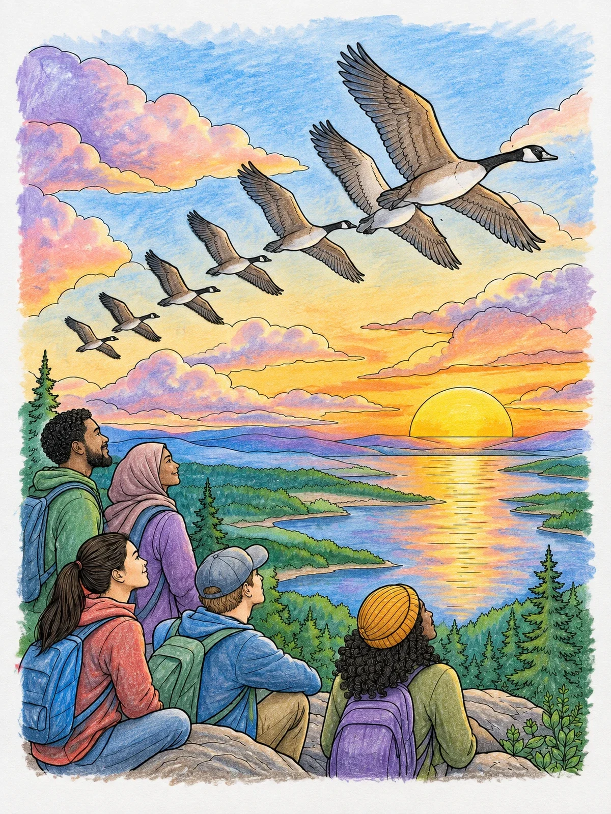 Colored example of the Hikers Watching Geese At Sunset coloring page
