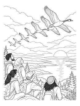 Free printable Hikers Watching Geese At Sunset coloring page