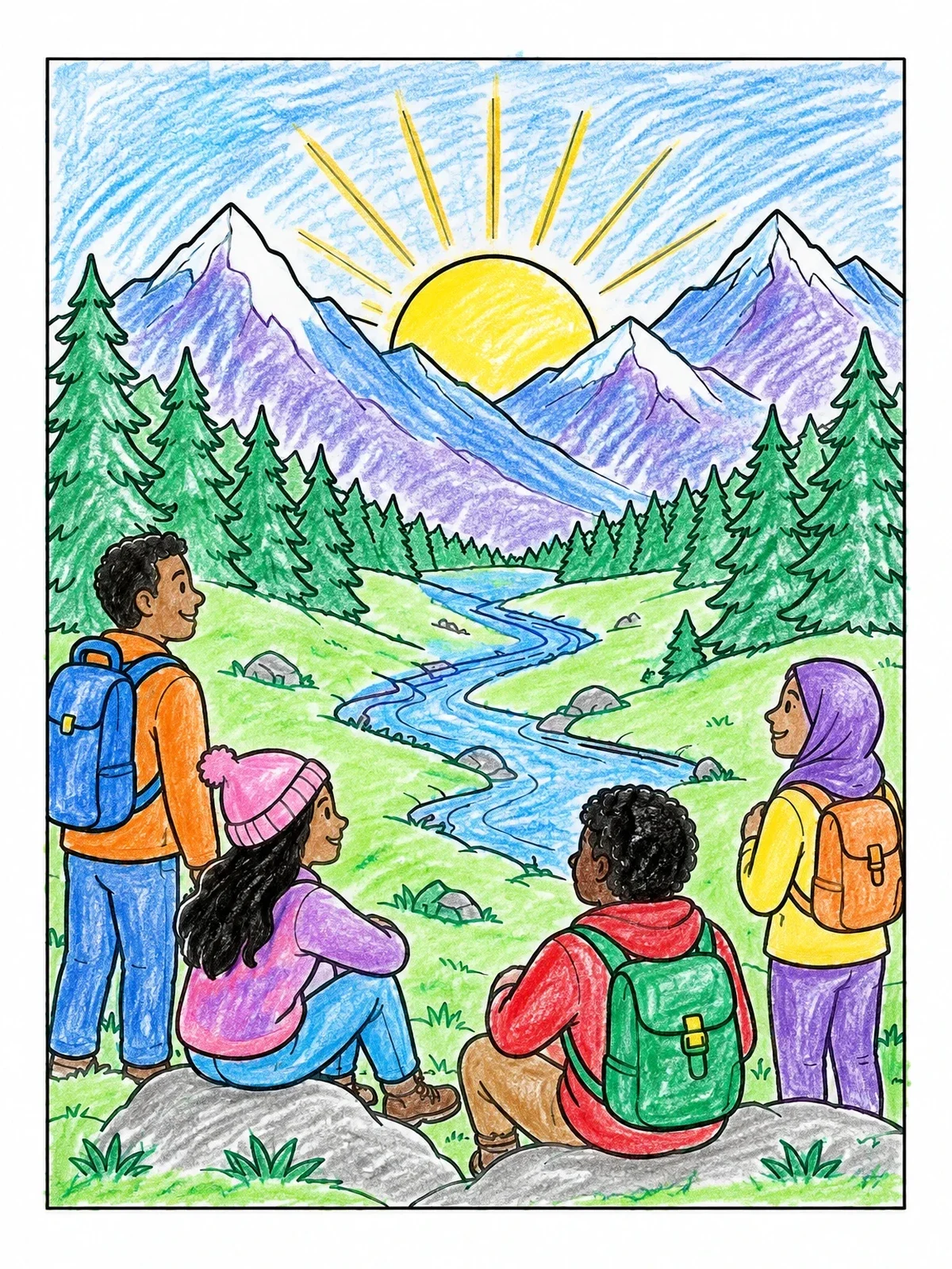 Colored example of the Hikers Watching Mountain Sunrise coloring page