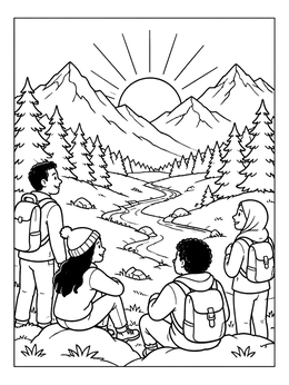 Free printable Hikers Watching Mountain Sunrise coloring page