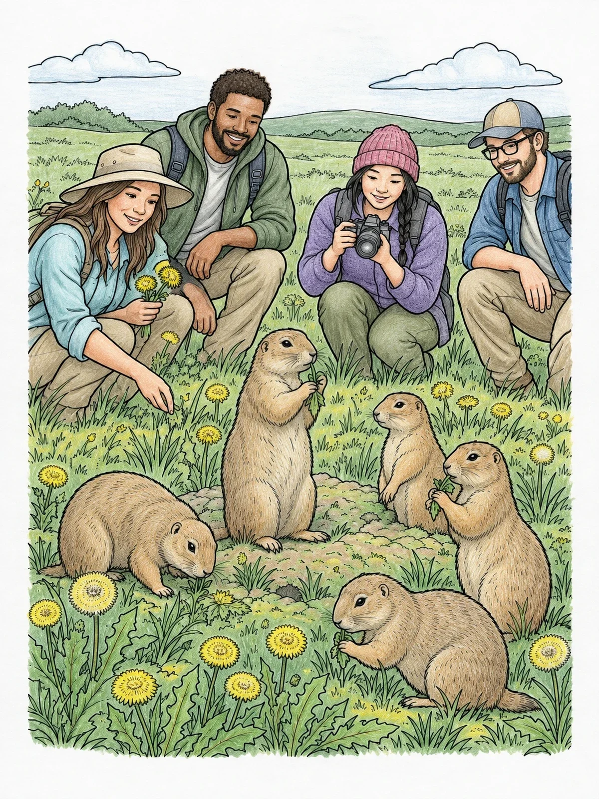 Colored example of the Hikers Watching Prairie Dogs coloring page