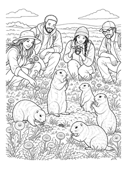A group of cheerful hikers watches prairie dogs in this detailed prairie coloring page.