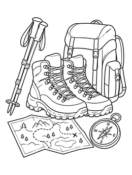 Hiking coloring page showing rugged boots, trekking poles, a backpack, a trail map, and a compass.