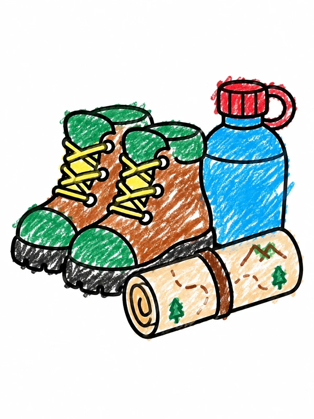 Colored example of the Hiking Boots, Map, And Water Bottle coloring page