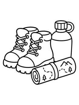 Free printable Hiking Boots, Map, And Water Bottle coloring page