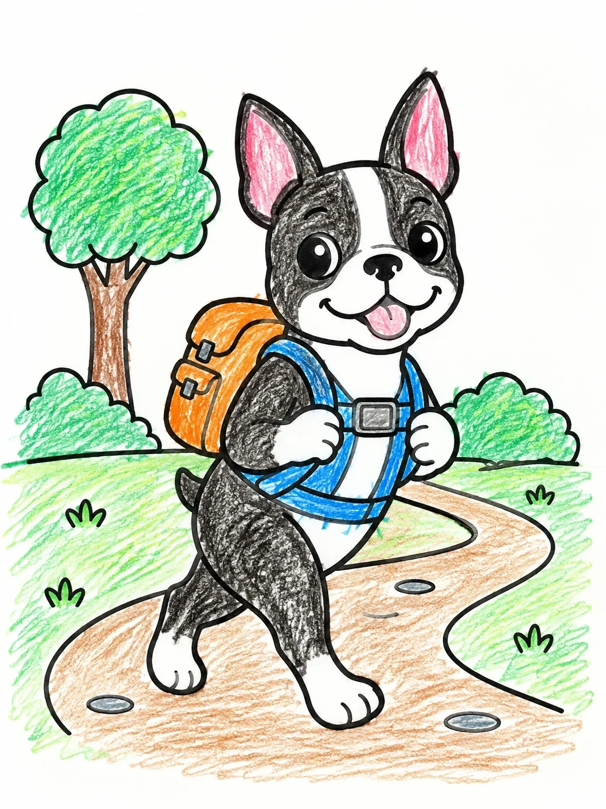 Colored example of the Hiking Boston Terrier On Trail coloring page