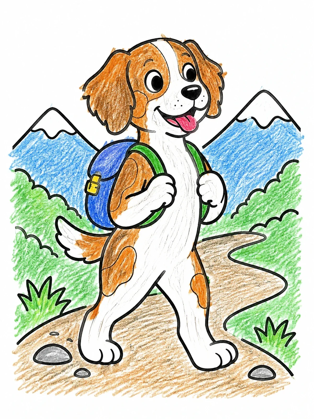 Colored example of the Hiking Brittany Dog With Backpack coloring page