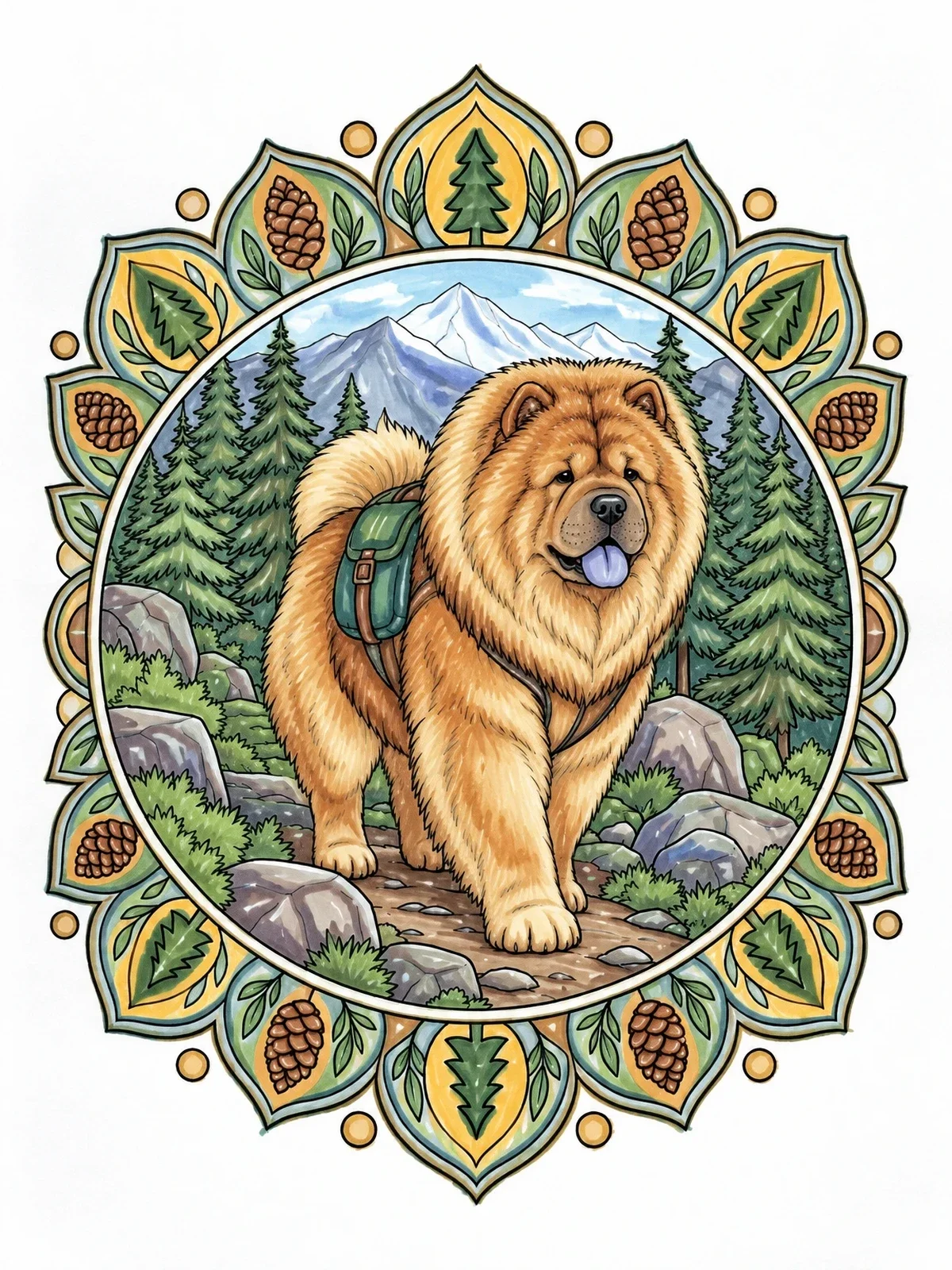 Colored example of the Hiking Chow Chow In Nature Mandala coloring page