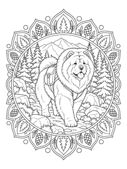 A fluffy dog outdoors is featured on this chow chow coloring page with a decorative pine border.