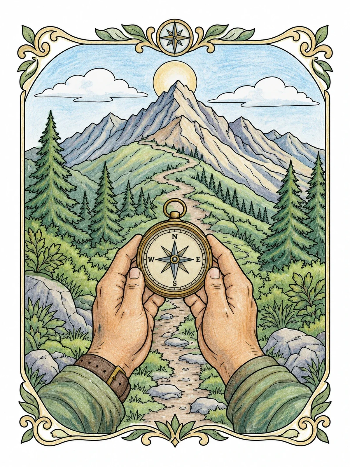 Colored example of the Hiker Holding Compass On Mountain Trail coloring page