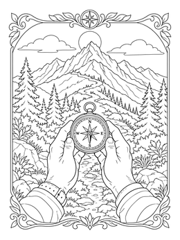 A hiker holding a compass toward mountain peaks in this detailed hiking coloring page.
