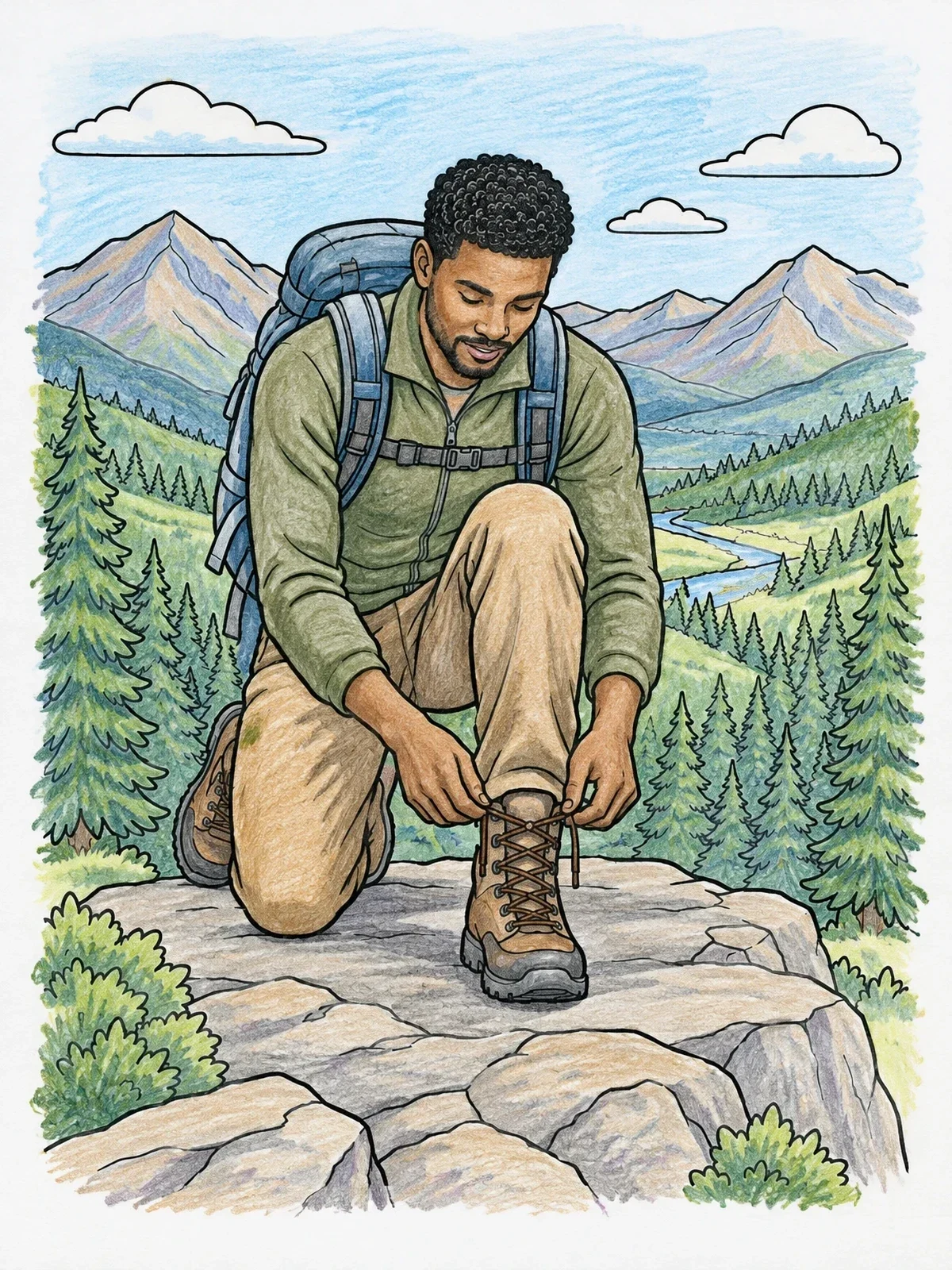 Colored example of the Hiker Tying Boot On Rocky Overlook coloring page