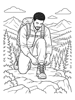 A hiker tying his boot on a scenic mountain cliff in this hiking coloring page.