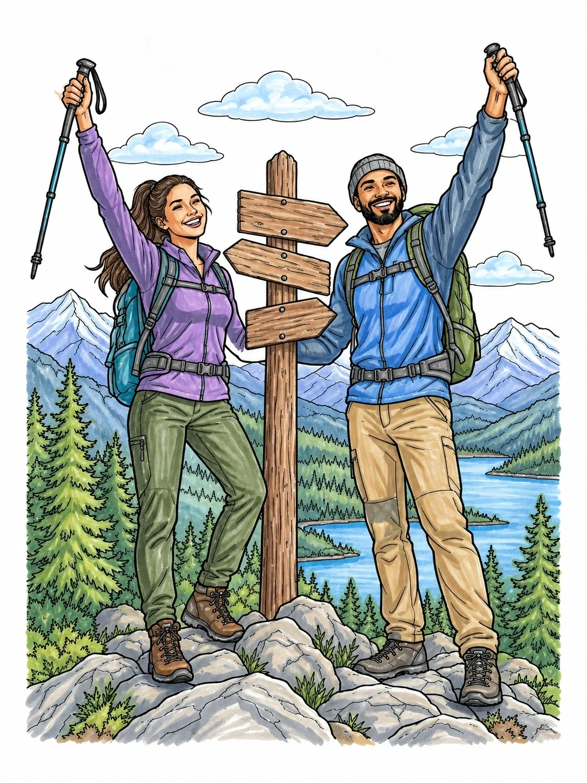 Colored example of the Hikers Celebrating At Summit Signpost coloring page