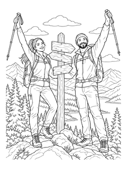 Two hikers raising poles by a signpost on this hiking coloring page.