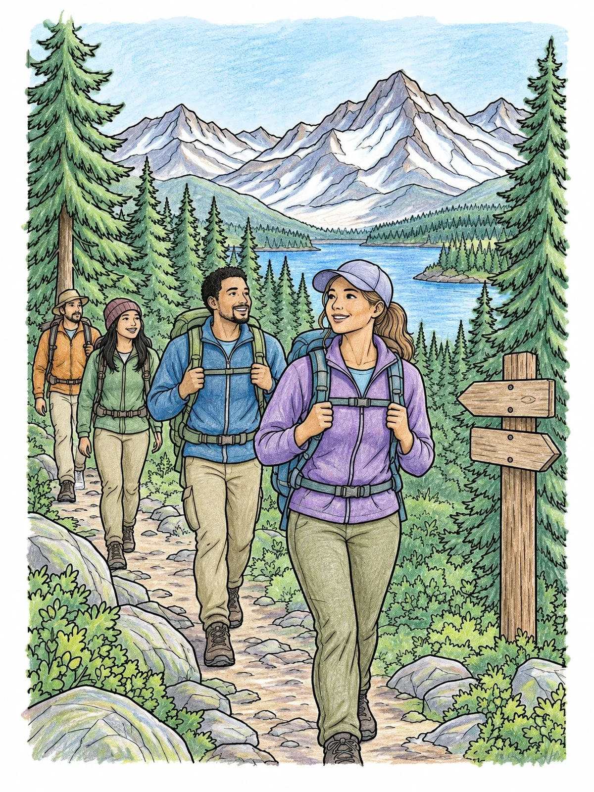 Colored example of the Hikers On A Mountain Trail coloring page