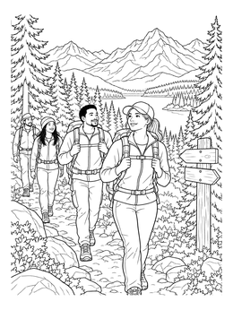 A group trekking along a path in this hiking coloring page with mountain views.