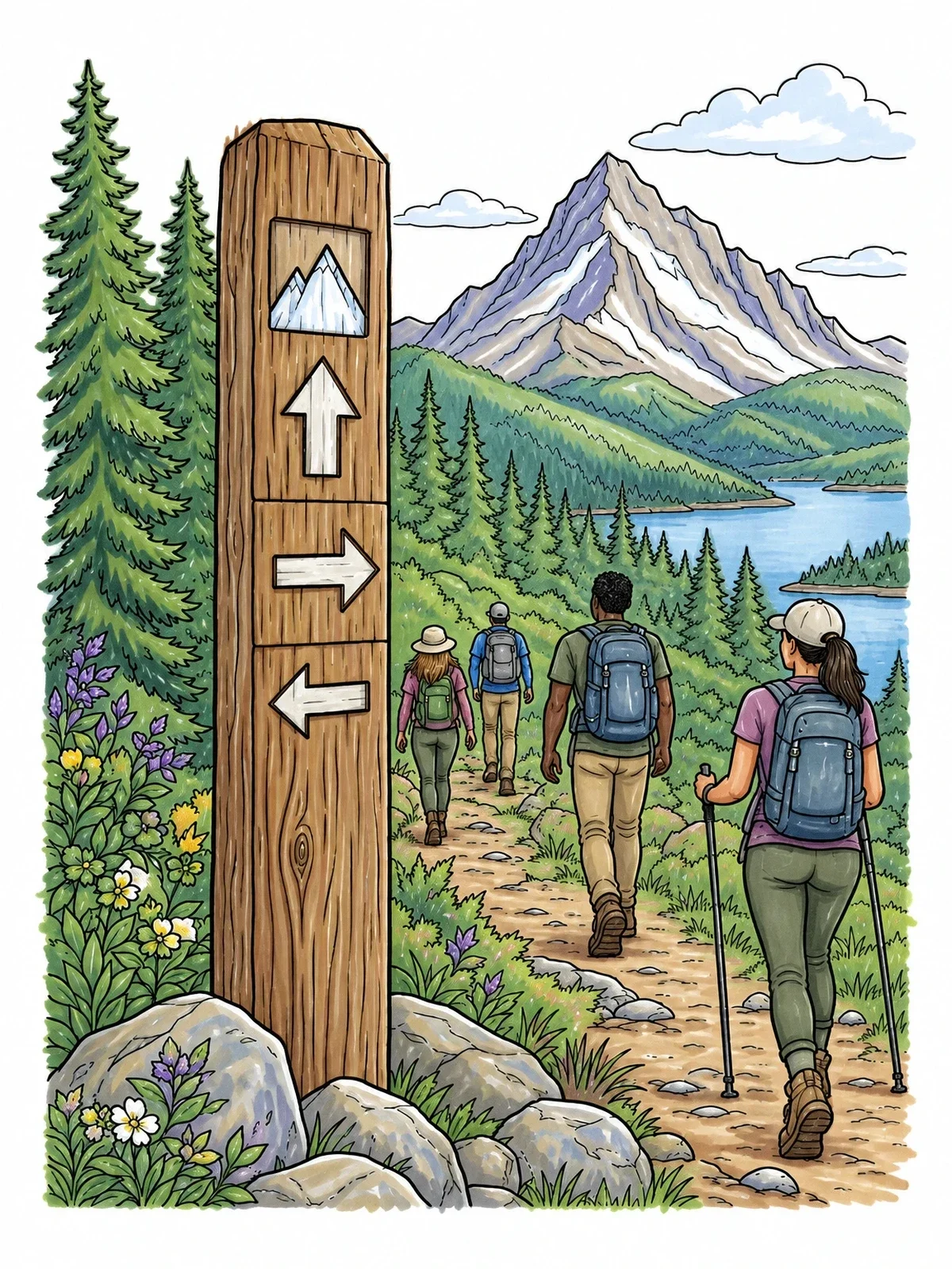Colored example of the Hikers On Mountain Trail Marker Path coloring page
