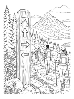 A group walking past a wooden signpost in this hiking coloring page with distant peaks.
