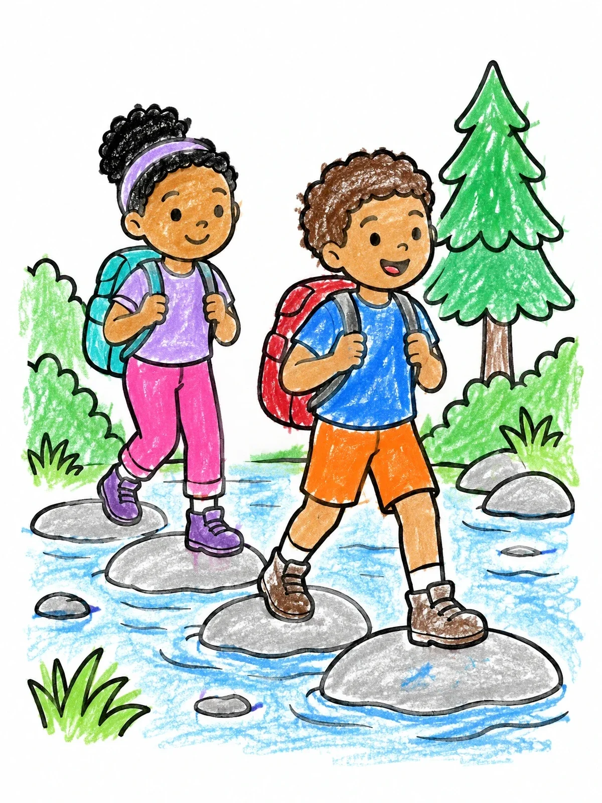 Colored example of the Kids Crossing River On Stepping Stones coloring page