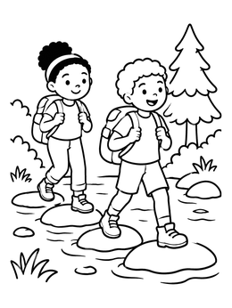 Free printable Kids Crossing River On Stepping Stones coloring page