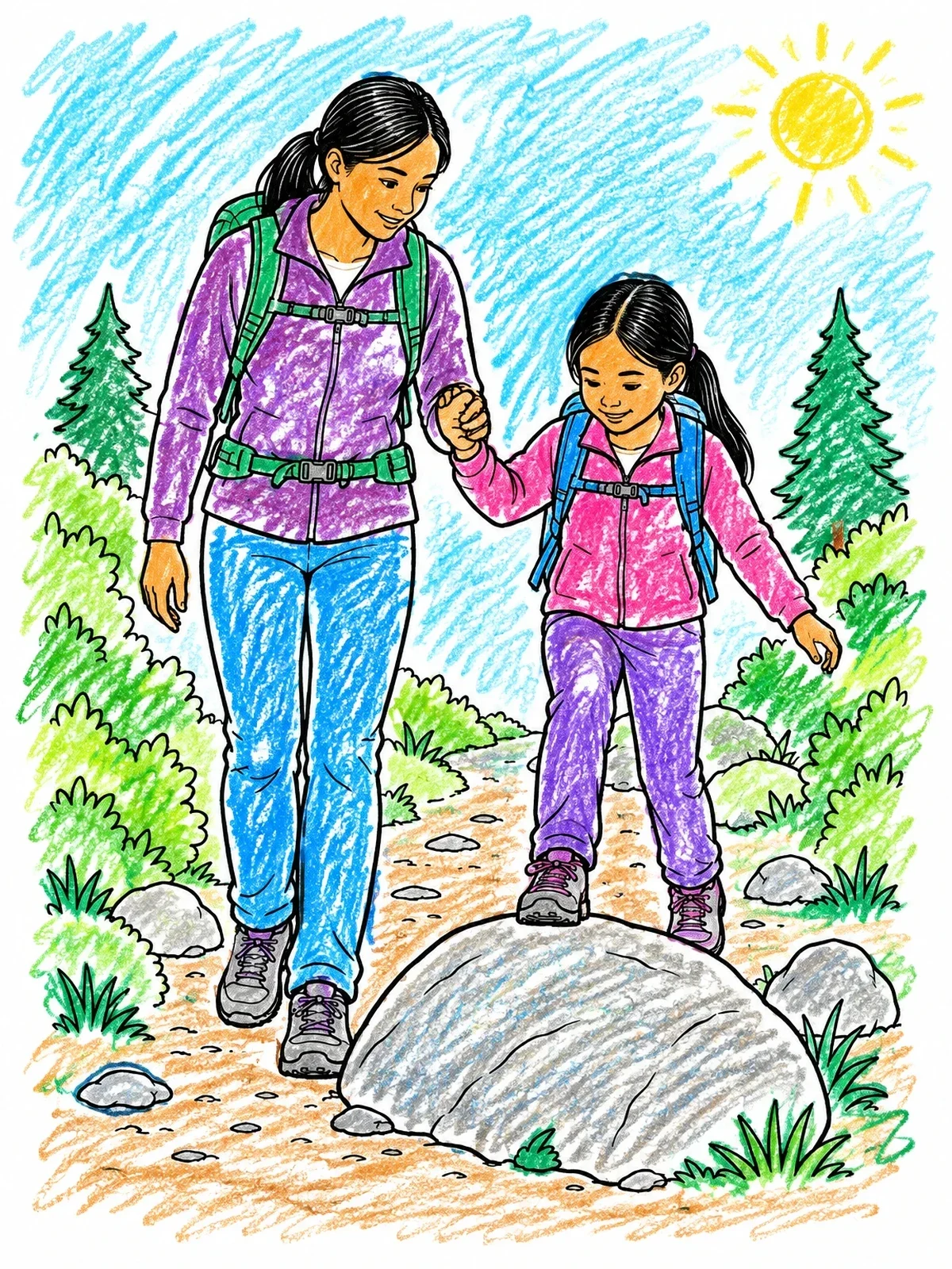 Colored example of the Mother And Daughter Trail Walk coloring page