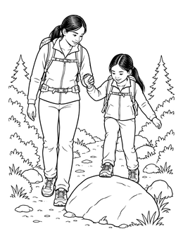 A mother guides her young daughter across a rock on this hiking coloring page.