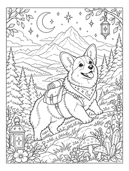 Free printable Hiking Pembroke Welsh Corgi Under The Stars coloring page