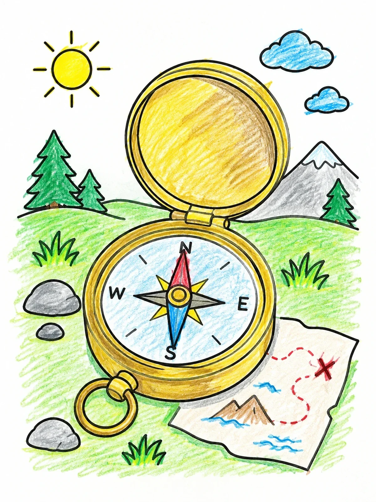Colored example of the Pocket Compass And Trail Map coloring page