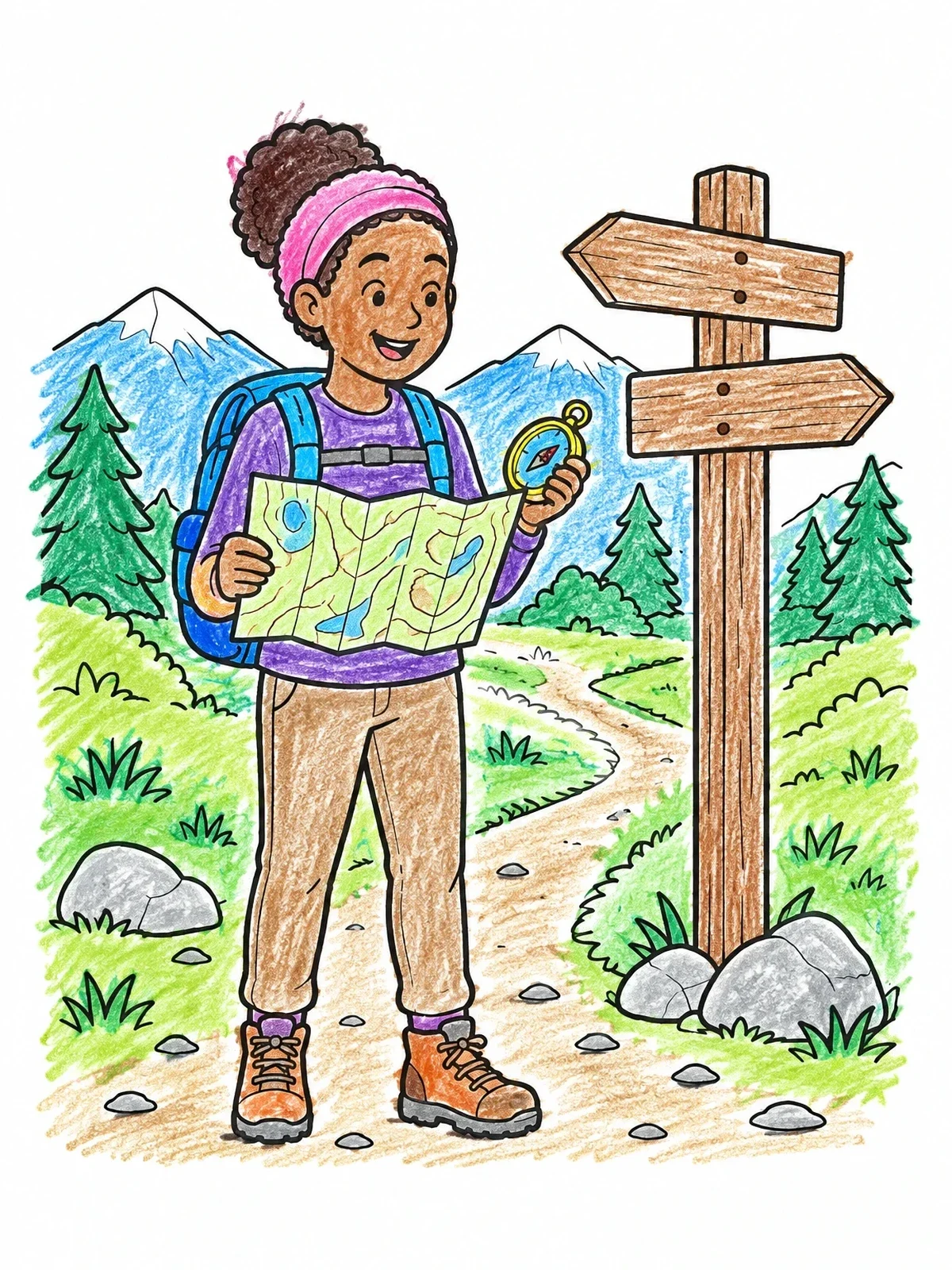 Colored example of the Young Hiker With Map And Compass coloring page