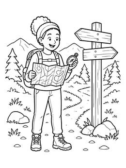 Free printable Young Hiker With Map And Compass coloring page