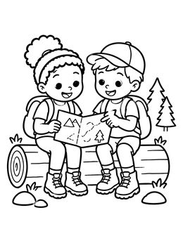 Free printable Young Hikers Looking At Map coloring page