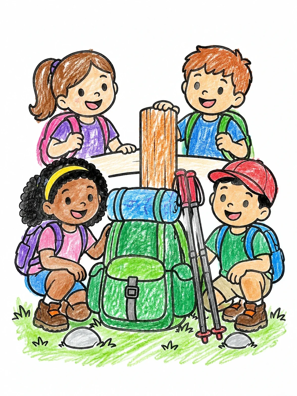 Colored example of the Young Hikers With Big Backpack coloring page