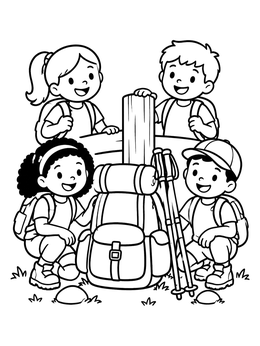 A cheerful hiking coloring page showing four young children gathered around a large backpack and walking sticks.