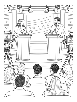 A woman and man debate at podiums in this hillary clinton coloring page featuring studio cameras.