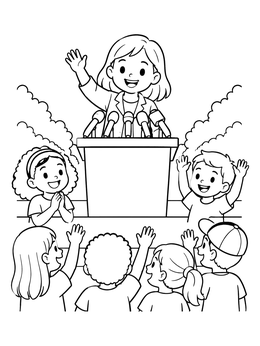 Free printable Woman Leader Speaking To Cheering Children coloring page